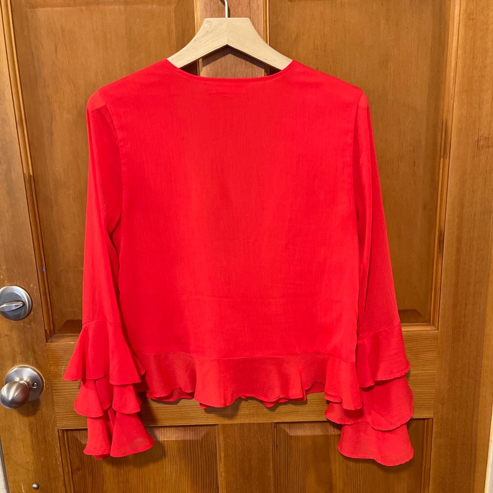 Tularosa Winnie Sheer Red Tie Front 3/4 Ruffle Sleeve Top